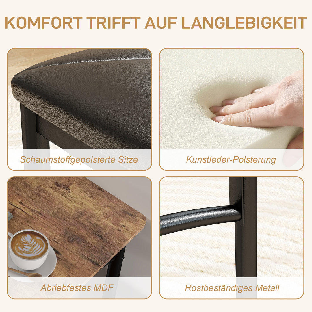 4-Delt spisebordssæt, pladsbesparende sæt med bord, 2 stole og bænk, til små rum, metal, træ, brun