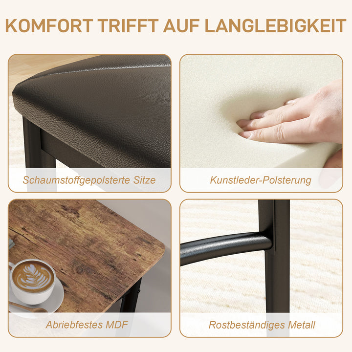 4-Delt spisebordssæt, pladsbesparende sæt med bord, 2 stole og bænk, til små rum, metal, træ, brun