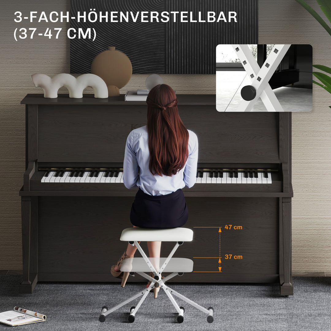 Klaverstol, højdejusterbar, foldbar X-formet klaverbænk med kunstlæderhynde, 39 x 29 x 37-47 cm, hvid