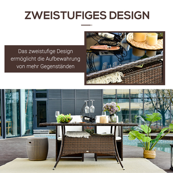 Havebord glasbord spisebord havemøbelbord, polyrattan + sikkerhedsglas, brun + sort, 150x85x74cm