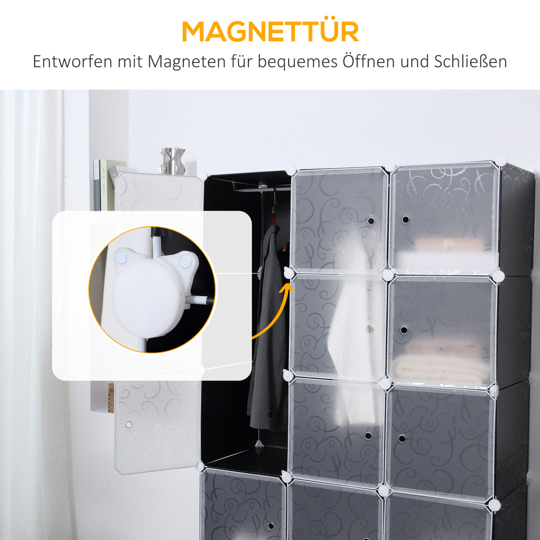 Kubegarderobe, 2 store og 9 små kuber, plastik, metal, 111l x 47b x 183h cm, sort+hvid