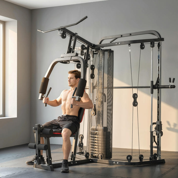 Power rack fitnessstation med 65 kg vægte, lat pulldown, butterfly bar, justerbar preacher bænk, bentræner