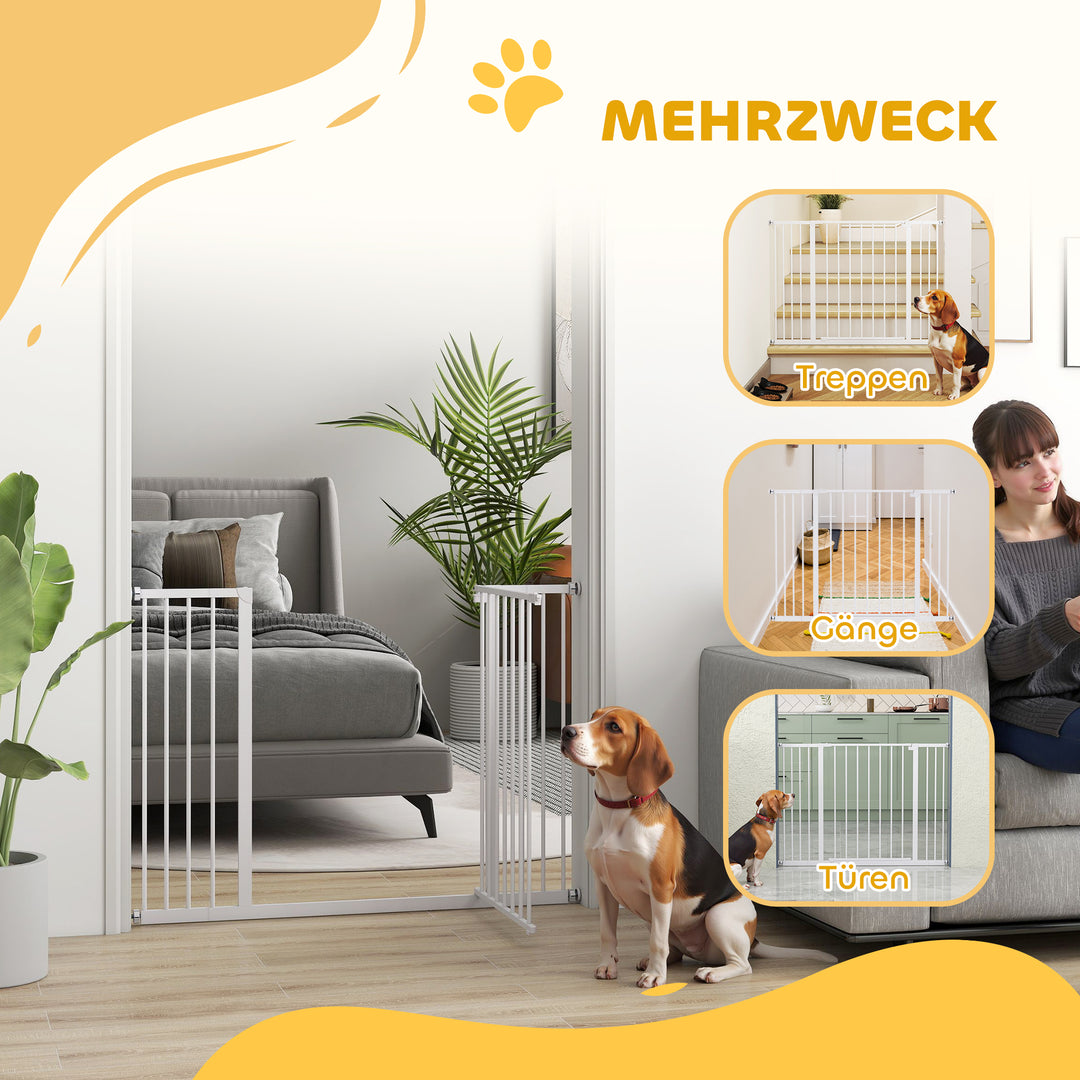 Dørsikkerhedslåge, trappesikkerhedslåge uden boring, hundebarrierer, kæledyrssikkerhedslåge, hundegitter, klemmemontering, metal, hvid, 76-107 x 76 cm