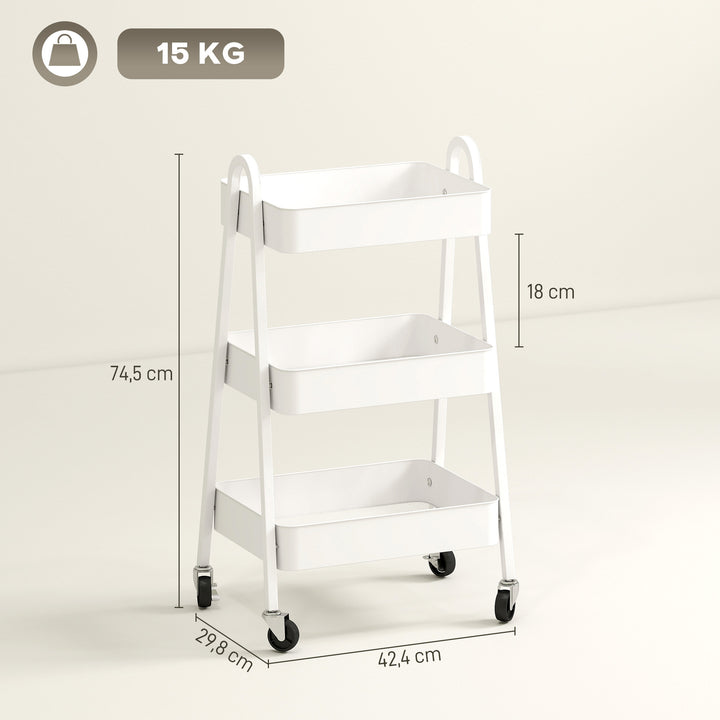 Serveringsvogn med 3 niveauer køkkenvogn med hjul håndtag med bremse til køkken kontor badeværelse, hvid