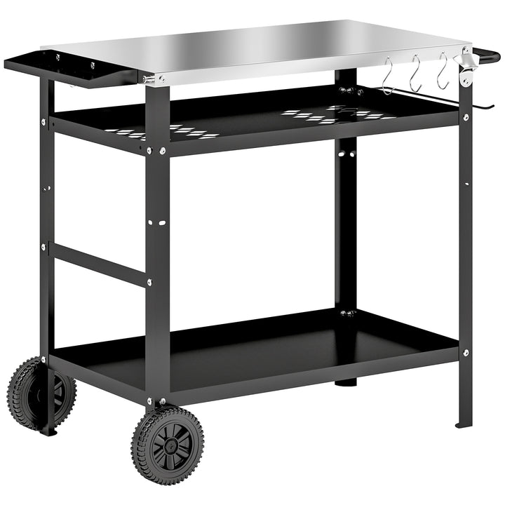 3-lags grillvogn/serveringsvogn med arbejdsflade, håndtag, låg, hjul, grillbord i rustfrit stål, 100x52x80cm, sort