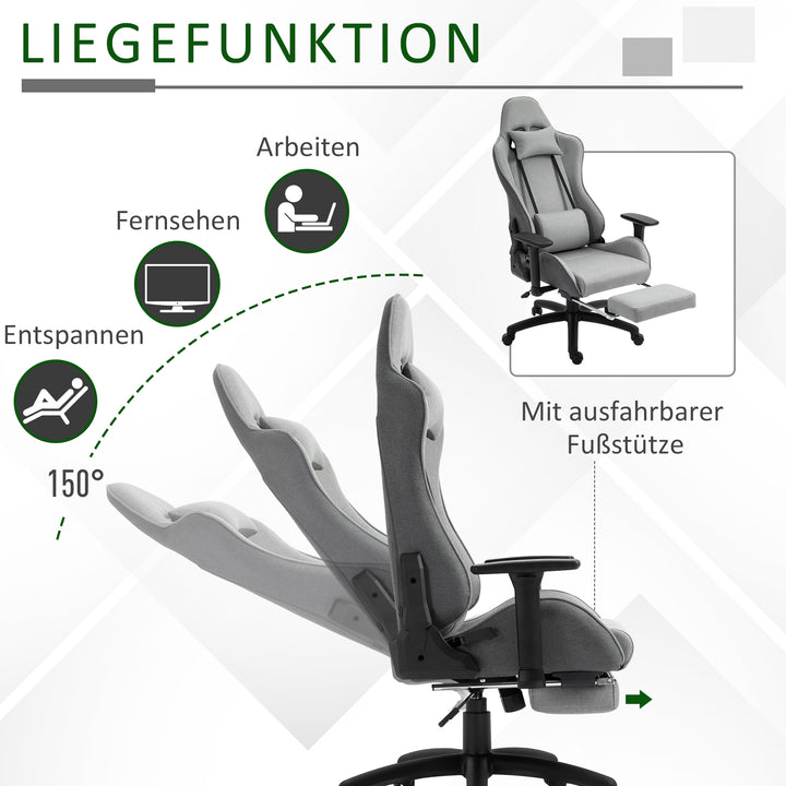 Kontorstol, computerstol, drejestol med aftageligt hoved og lændehynde, vippefunktion, ergonomisk skrivebordsstol, drejelig, højdejusterbar med fodstøtte, pp, grå, 73 x 57 x 127-135 cm