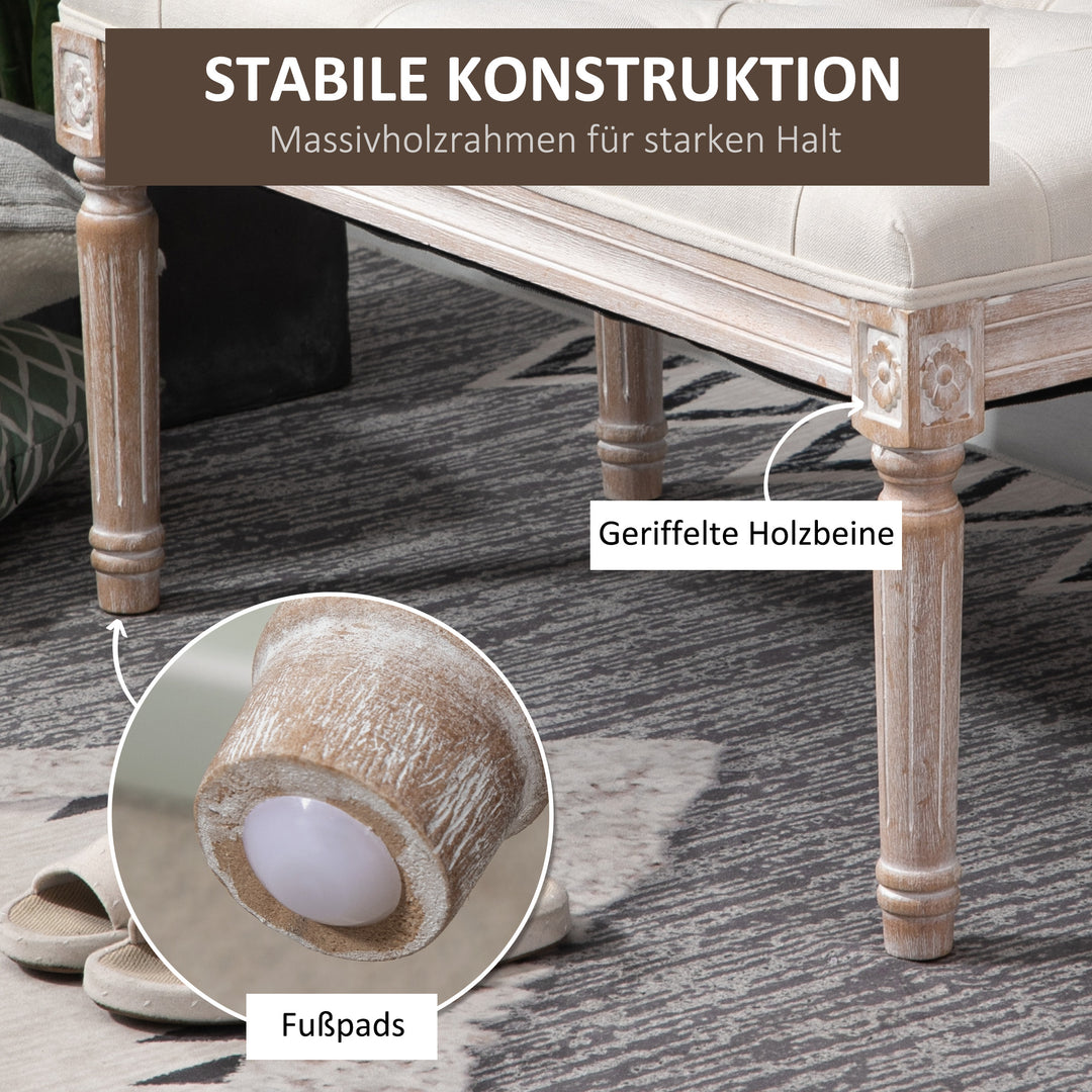 Polstret skammel, polstret bænk, fodskammel, træ og stof med hørlook, 80l x 40b x 43h cm, cremehvid