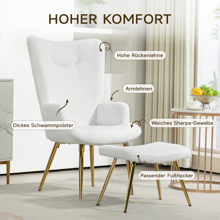 Wingback-stol med fodskammel, høj ryg, sherpabetræk, forgyldte metalben, op til 120 kg, hvid