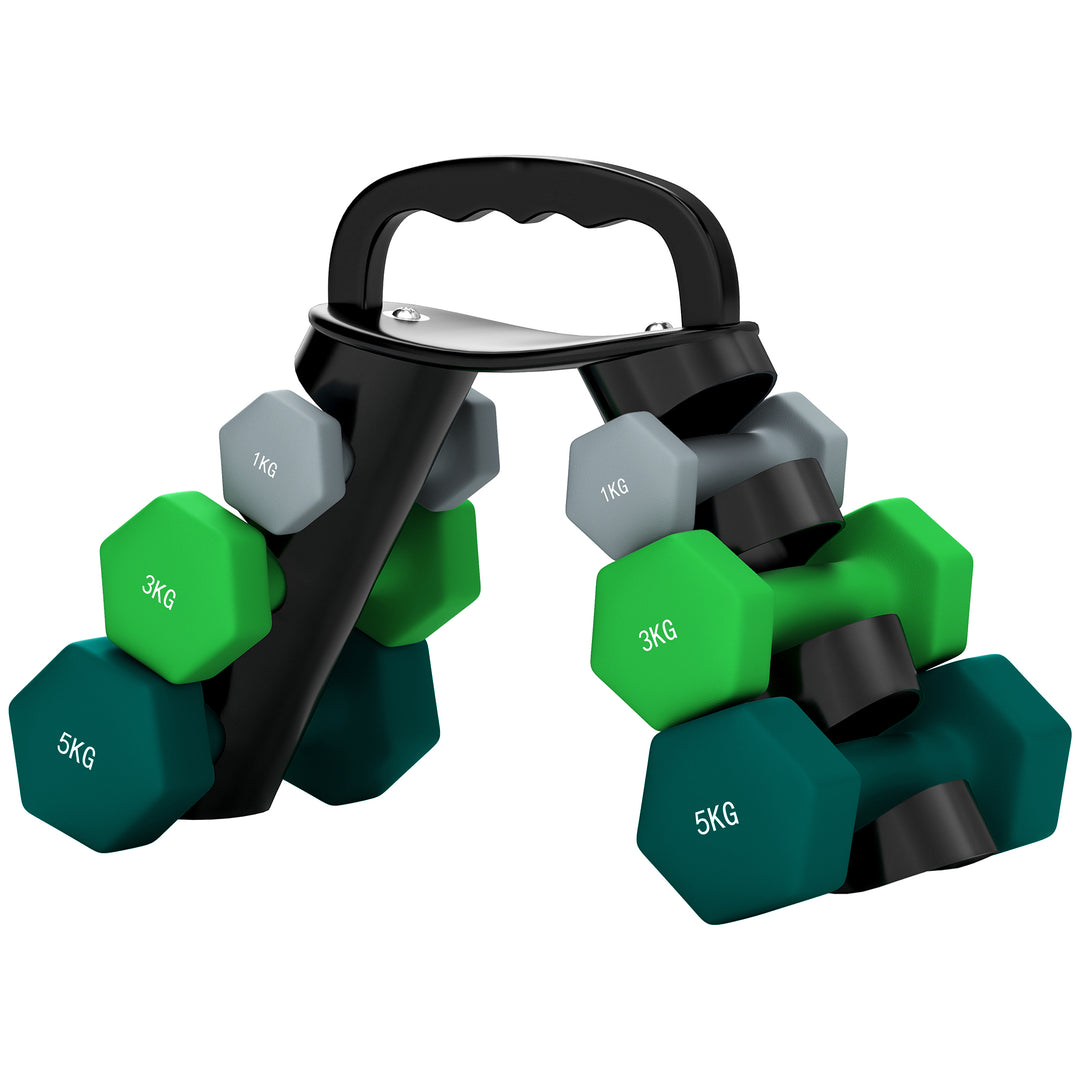 Håndvægtsæt med opbevaringsstativ, sæt med 6 håndvægte til fitnesstræning, 2 x 1 kg, 2 x 3 kg, 2 x 5 kg