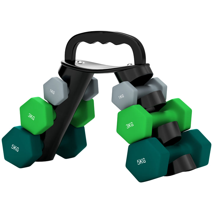 Håndvægtsæt med opbevaringsstativ, sæt med 6 håndvægte til fitnesstræning, 2 x 1 kg, 2 x 3 kg, 2 x 5 kg