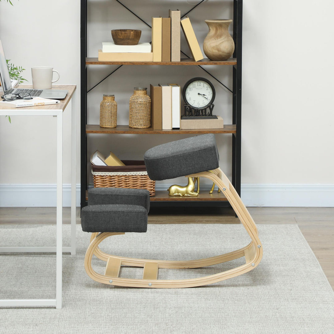 Knælestol, ergonomisk skammel, polstret skammel for en sund kropsholdning, birketræ, 120 kg lasteevne, mørkegrå