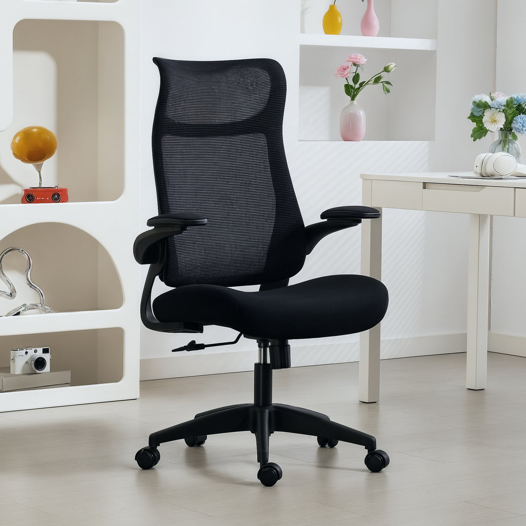 Ergonomisk kontorstol med 3D-armlæn, netryg, S-formet ryglæn, nakkestøtte, vippefunktion, sort