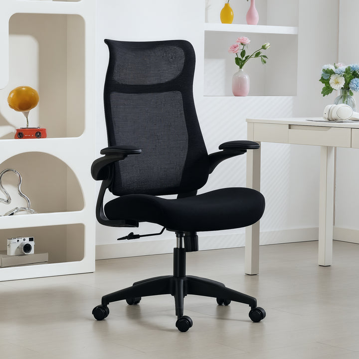 Ergonomisk kontorstol med 3D-armlæn, netryg, S-formet ryglæn, nakkestøtte, vippefunktion, sort