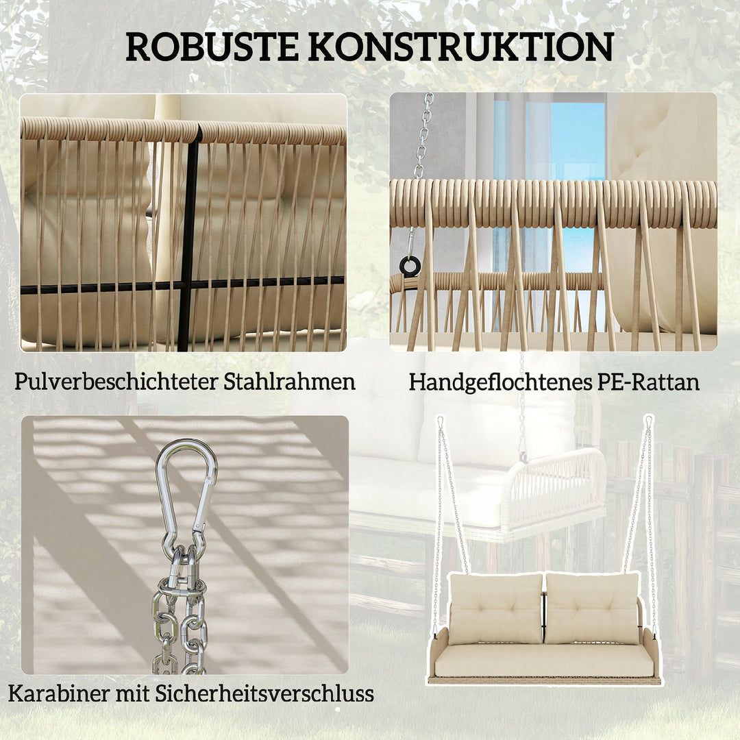 Hollywood gynge, 2-personers, rattan havegynge med hynder og kæder, op til 240 kg, 115 x 66 x 44 cm, beige
