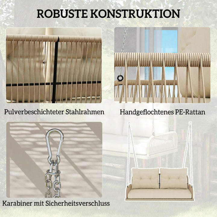 Hollywood gynge, 2-personers, rattan havegynge med hynder og kæder, op til 240 kg, 115 x 66 x 44 cm, beige