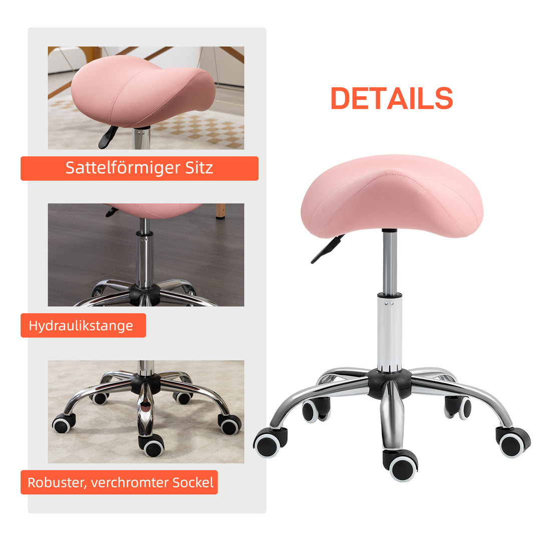 Højdejusterbar rulleskammel (49-61 cm), 360° drejelig arbejdsskammel, kontorskammel til kontor, salon, massage, spa, lyserød