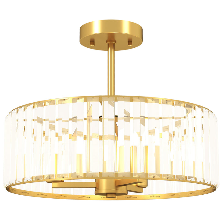 Loftlampe, lysekronedesign, krystalskærm, 3 pærer, metal, guld