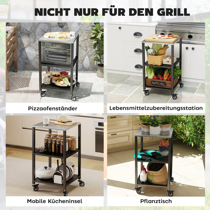 Grillvogn, 3-lags grillbord med arbejdsflade i rustfrit stål, hjul, mobil serveringsvogn, 50 x 50 x 90 cm, sort