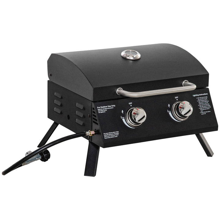 Bordgasgrill med 2 brændere, mobil grillvogn, grillnet, lille udendørs bordgasgrill til picnic, med trykregulator, slange, rustfrit stål, sort, 55 x 46,5 x 41 cm