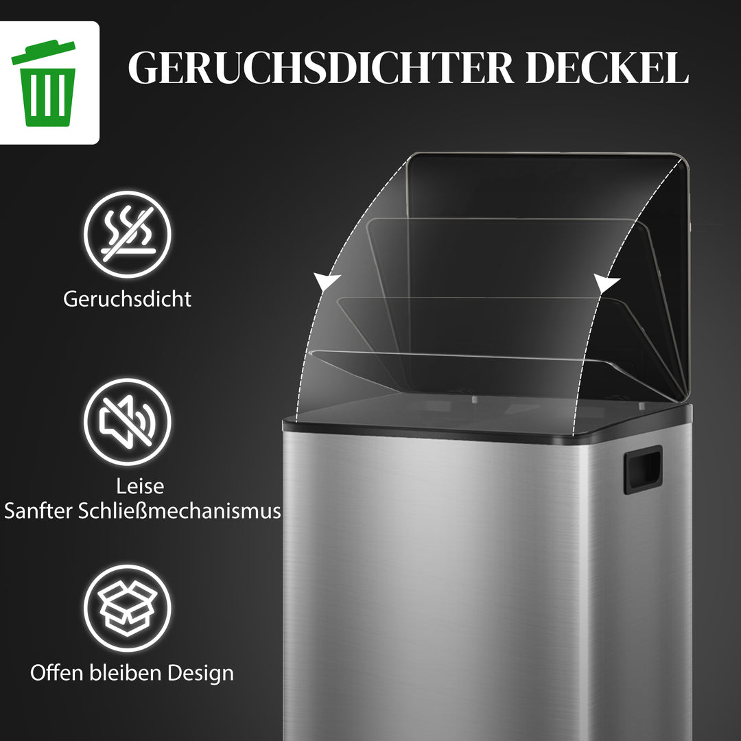 Skraldespand med 2 x 30L rum, soft-close låg, fingeraftrykssikker, rustfrit stål, sølv