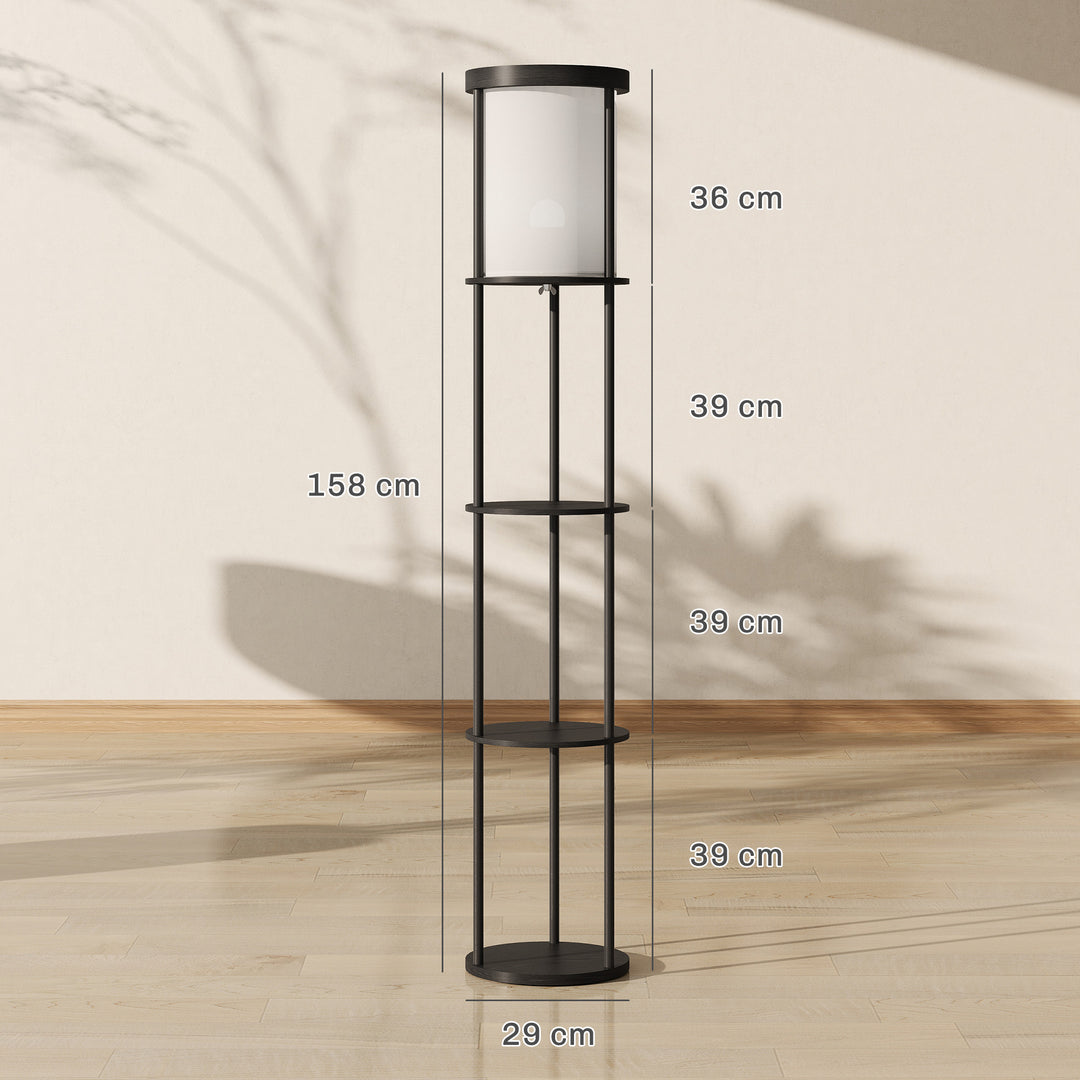 Gulvlampe med 3 hylder, rundt design, fjernbetjening, fodkontakt, justerbar lysvarme, til stue, sort