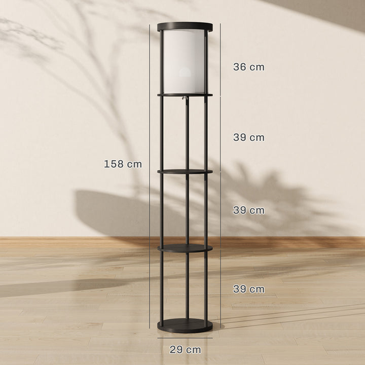 Gulvlampe med 3 hylder, rundt design, fjernbetjening, fodkontakt, justerbar lysvarme, til stue, sort