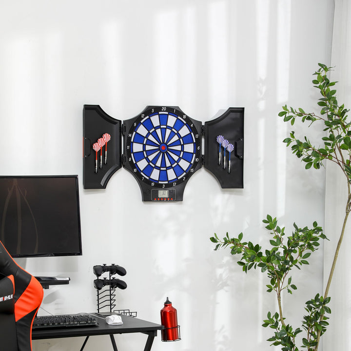 Elektronisk dartskive, 31 spil og 285 programmer, til 8 spillere, 2 døre, 6 dart, lyd, sort, 83 x 45 x 4 cm