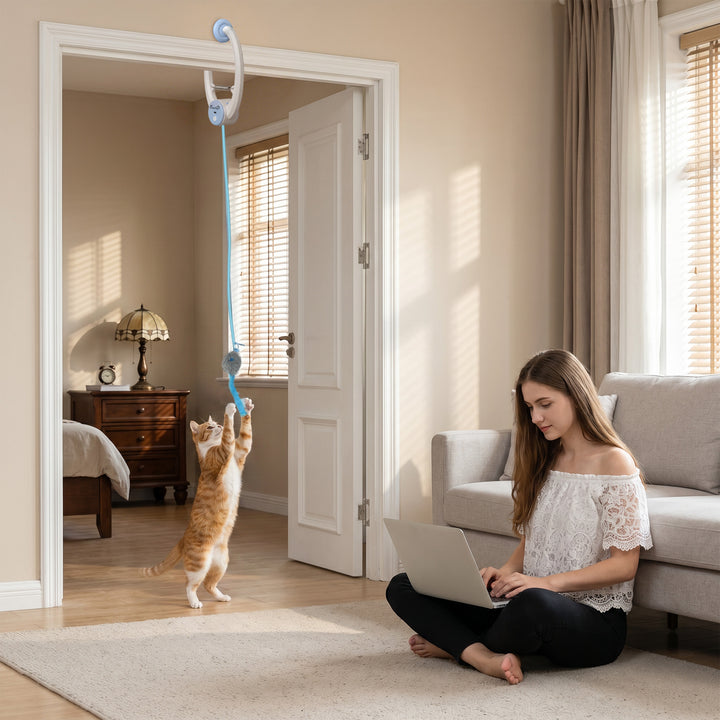 Interaktivt kattelegetøj USB genopladeligt dørhængende hoppende mus til katte, 24,1 x 13,8 x 6,6 cm hvid