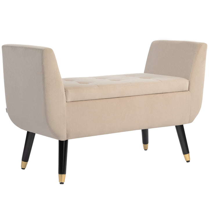 Polstret bænk med opbevaring, armlæn, fløjlspolyester, gummitræ, 107 x 42 x 65 cm, beige