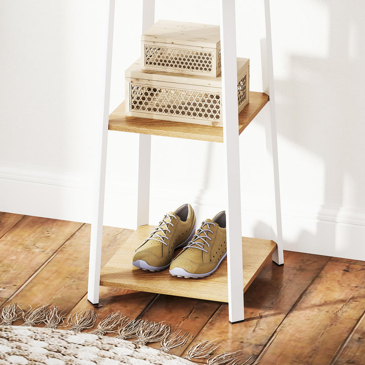 Tøjstativ, trapezformet design, tre etager, 8 dobbelte knager, stål, hvid+eg