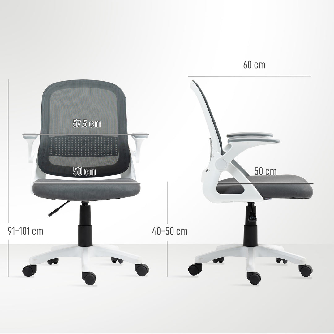 Åndbar netkontorstol, ergonomisk drejestol med foldbare armlæn og lændestøtte, grå