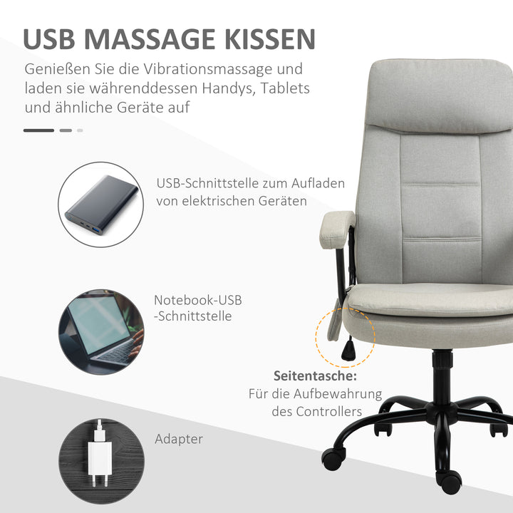 Kontorstol massage højdejusterbar executive chair gaming chair med massagefunktion, ergonomisk drejestol massagestol lændemassage hørfornemmelse beige 63 x 70 x 112-121 cm