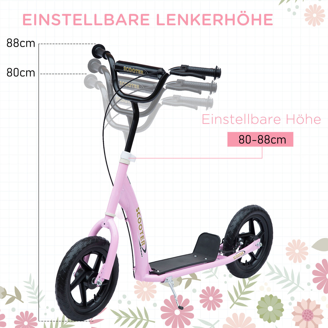 Løbehjul til børn, med håndbremse, støtteben, 12-tommer hjul, fra 5 år, stål, pink, 120 x 52 x 88 cm