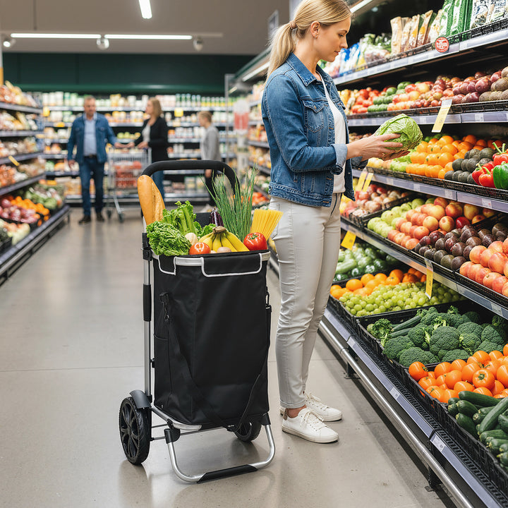 3-i-1 foldbar indkøbsvogn med 40 liters kapacitet, lasteevne op til 25 kg, med kølerum, sort
