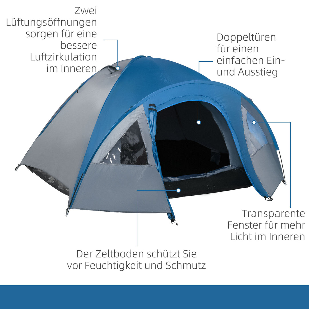 Campingtelt til 4 personer, helårsbrug, 3,00 x 2,50 x 1,30 m, blå og grå