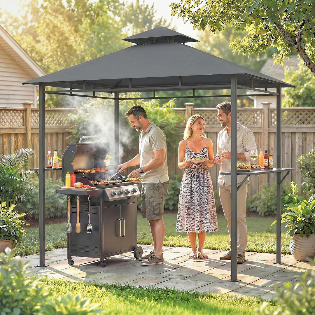 Grillpavillon 2,4 x 1,4 m, vindtæt grillly med dobbelttag, ventilationsåbning, sidehylder