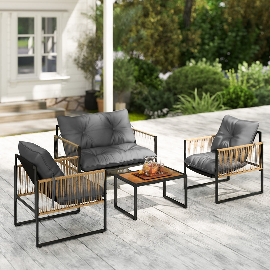 Havemøbelsæt, 4 dele, sofa, 2 stole, bord med glasplade, metalstel, polyrattan, antracit