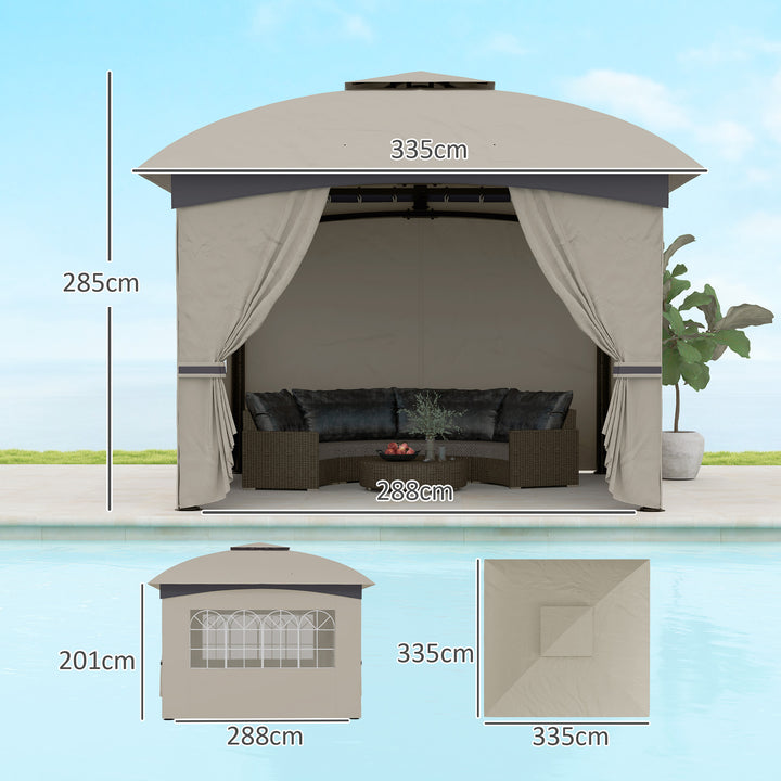 3,4 X 3,4 m havepavillon, øltelt med ventileret tag, buede vinduer, stålramme, lysegrå