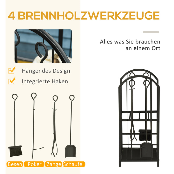 Brændestativ, brændestativ, brændestativ med 4 ekstra brændeværktøjer, pejsværktøj, 2-lags design, brændeopbevaring, pejsværktøj, metal, sort, 41,5 x 32,5 x 74,5 cm
