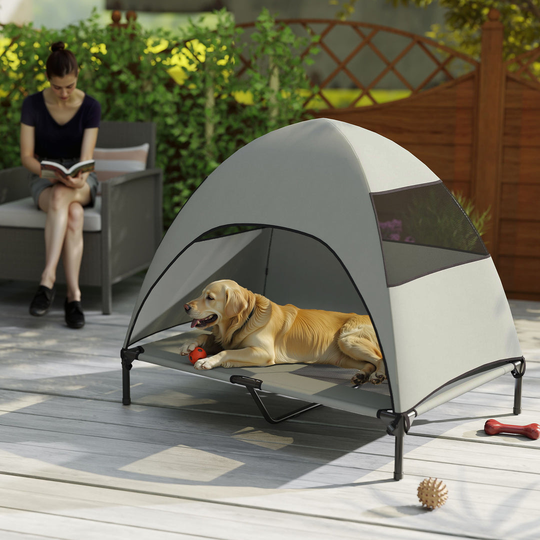 Udendørs hundeseng med tag, hævet hundeseng til store hunde, 106 x 76 x 99 cm, lysegrå