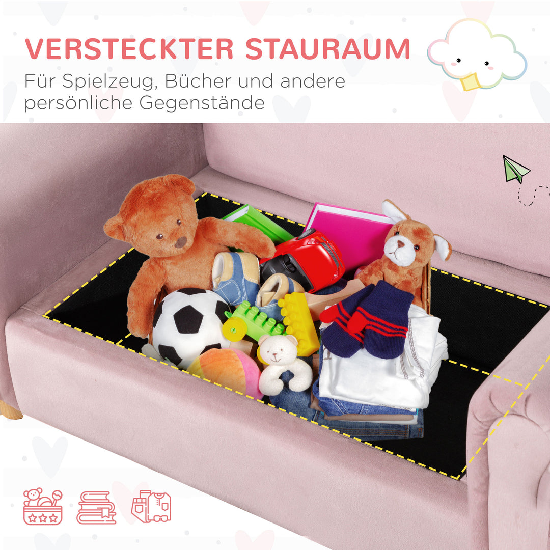 Børnesofa, to-personers til børn 3-5 år, opbevaringsplads, naturtræsstel, 84 x 41,5 x 48,5 cm, lyserød