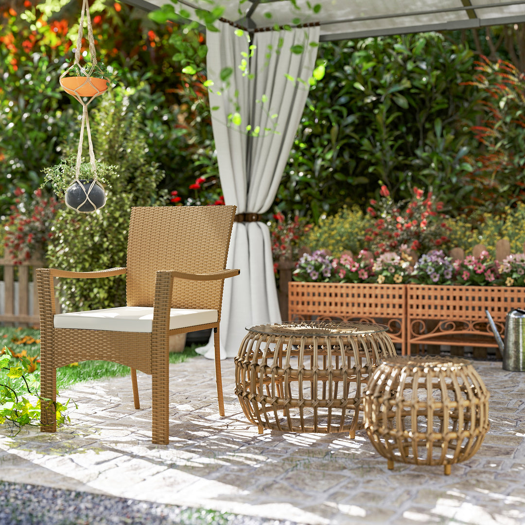 Sæt med 2 sideborde, polyrattan, Ø66/42 cm, rundt, vejrbestandigt, havebord med glasplade, brunt
