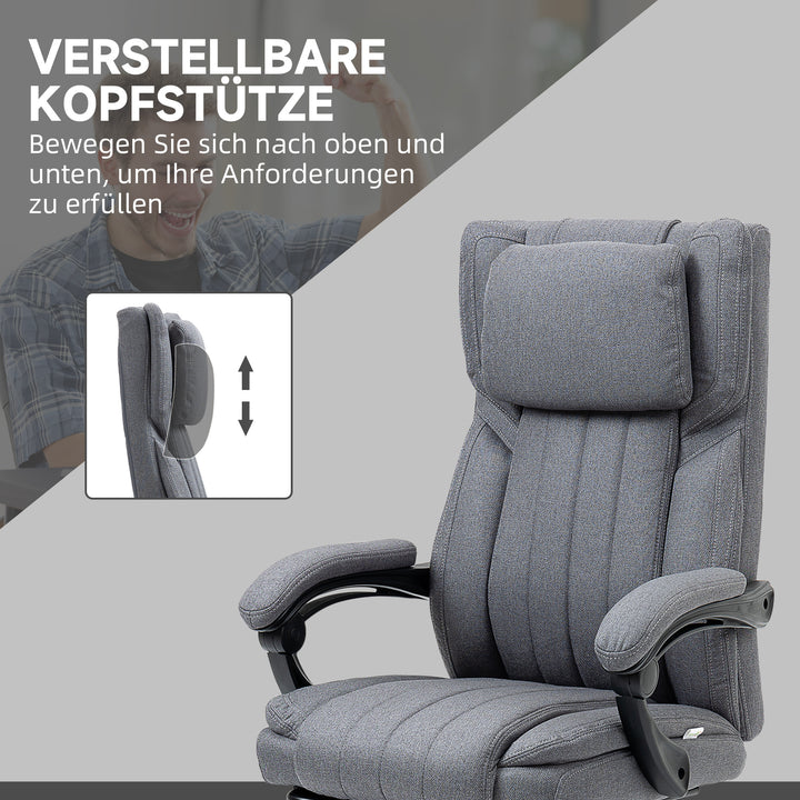 Kontorstol med massagefunktion, ryglæn med justerbar ryglæn, udtrækkelig fodstøtte, linnedlook, grå, 65 x 61 x 113 cm