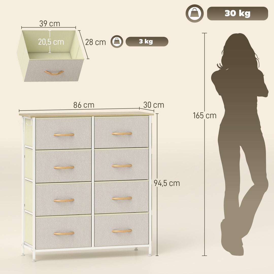 Kommode til soveværelset med 8 stofskuffer, stålstøtter, træfinish, 4 opbevaringslommer, 2 kroge, beige