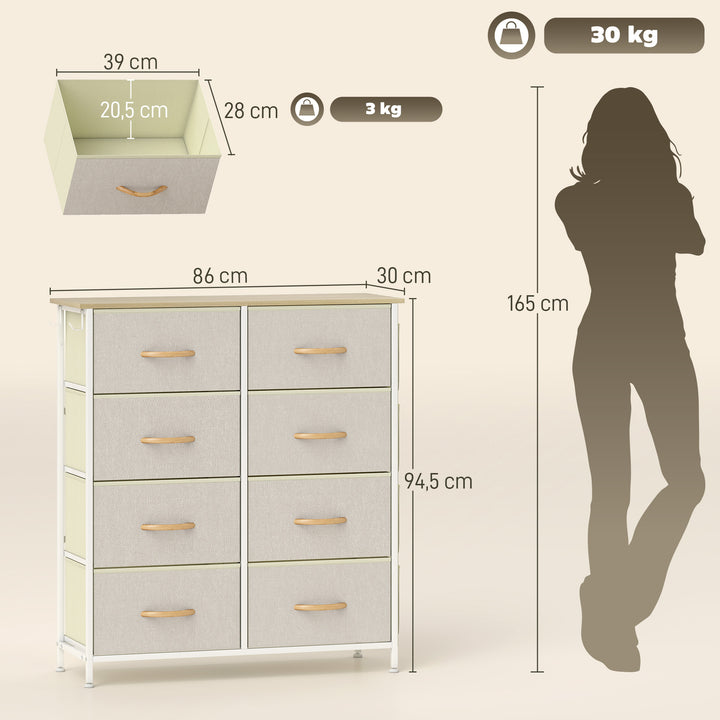 Kommode til soveværelset med 8 stofskuffer, stålstøtter, træfinish, 4 opbevaringslommer, 2 kroge, beige