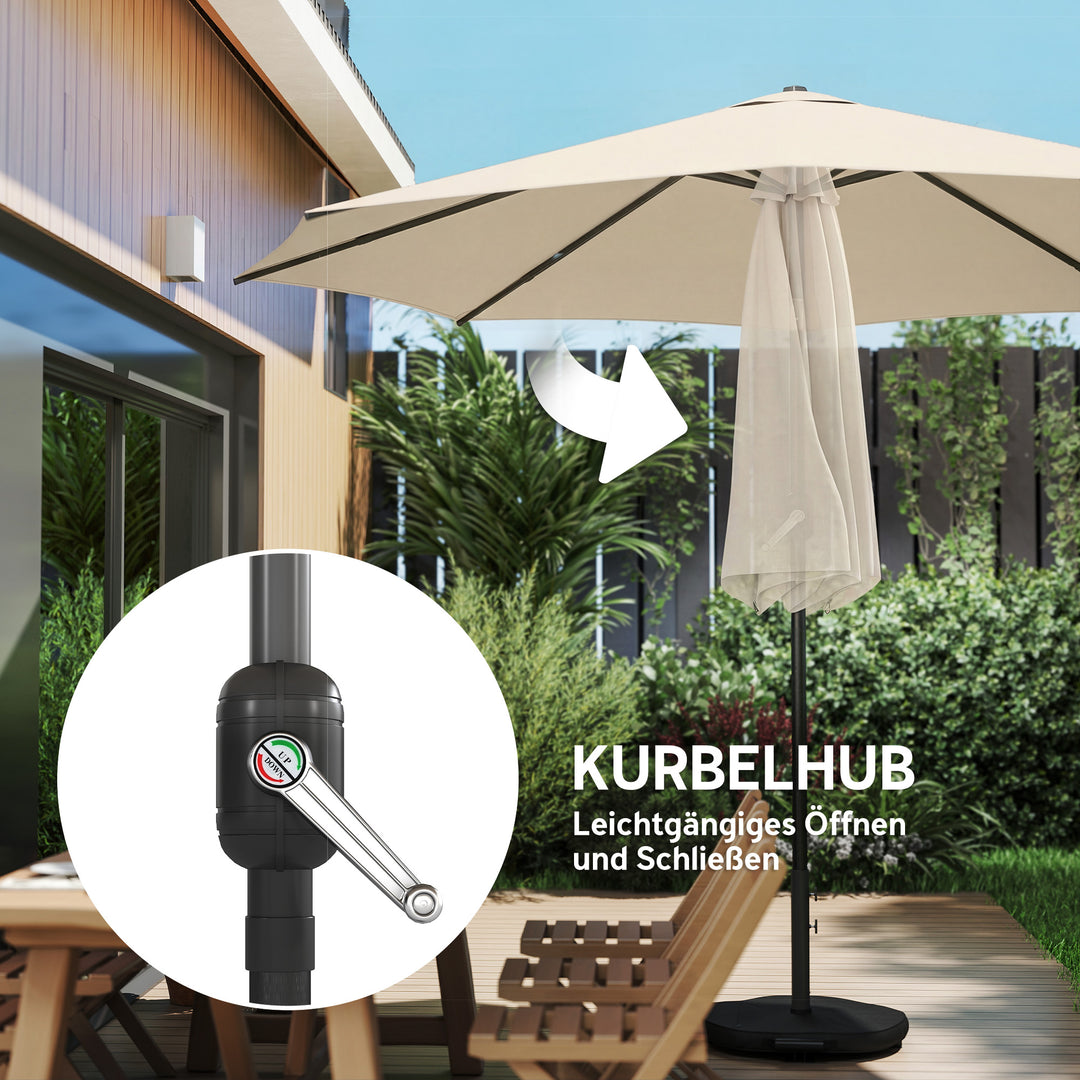Parasol ca. Ø300 cm, vipbar balkonparasol med håndsving, krydsfod, sandsæk, UV 30+, udtrækkelig, cremehvid