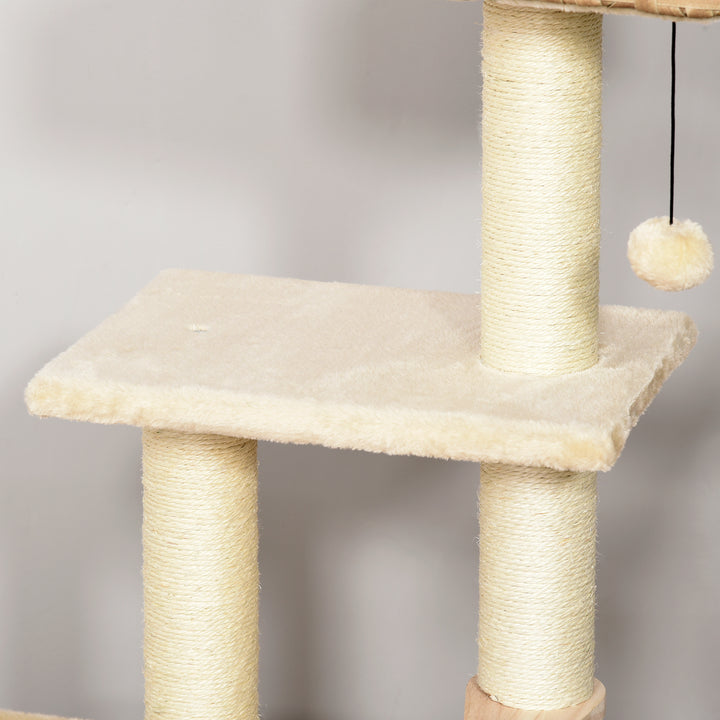 Rattan kradsetræ til katte, kradsetræ til killinger med kattehulebold, sisal, blødt plys, pe, højde 108 cm, brun+beige