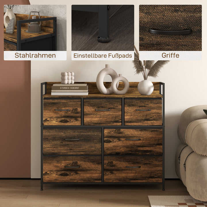 Kommode, skænk med 7 stofskuffer, industrielt design, stålstel, 98 x 29 x 85 cm, brun/sort