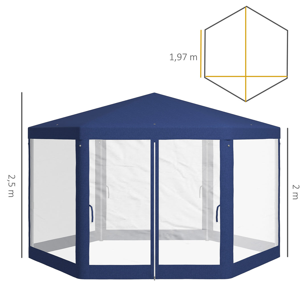 Havepavillon, sekskantet, netgardiner, metalramme, 3,94x3,412x2,5m, blå
