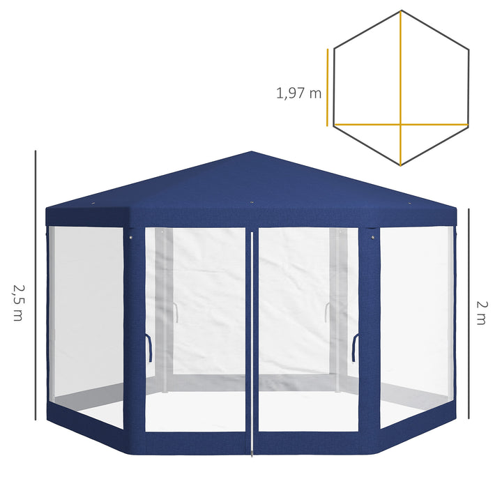 Havepavillon, sekskantet, netgardiner, metalramme, 3,94x3,412x2,5m, blå